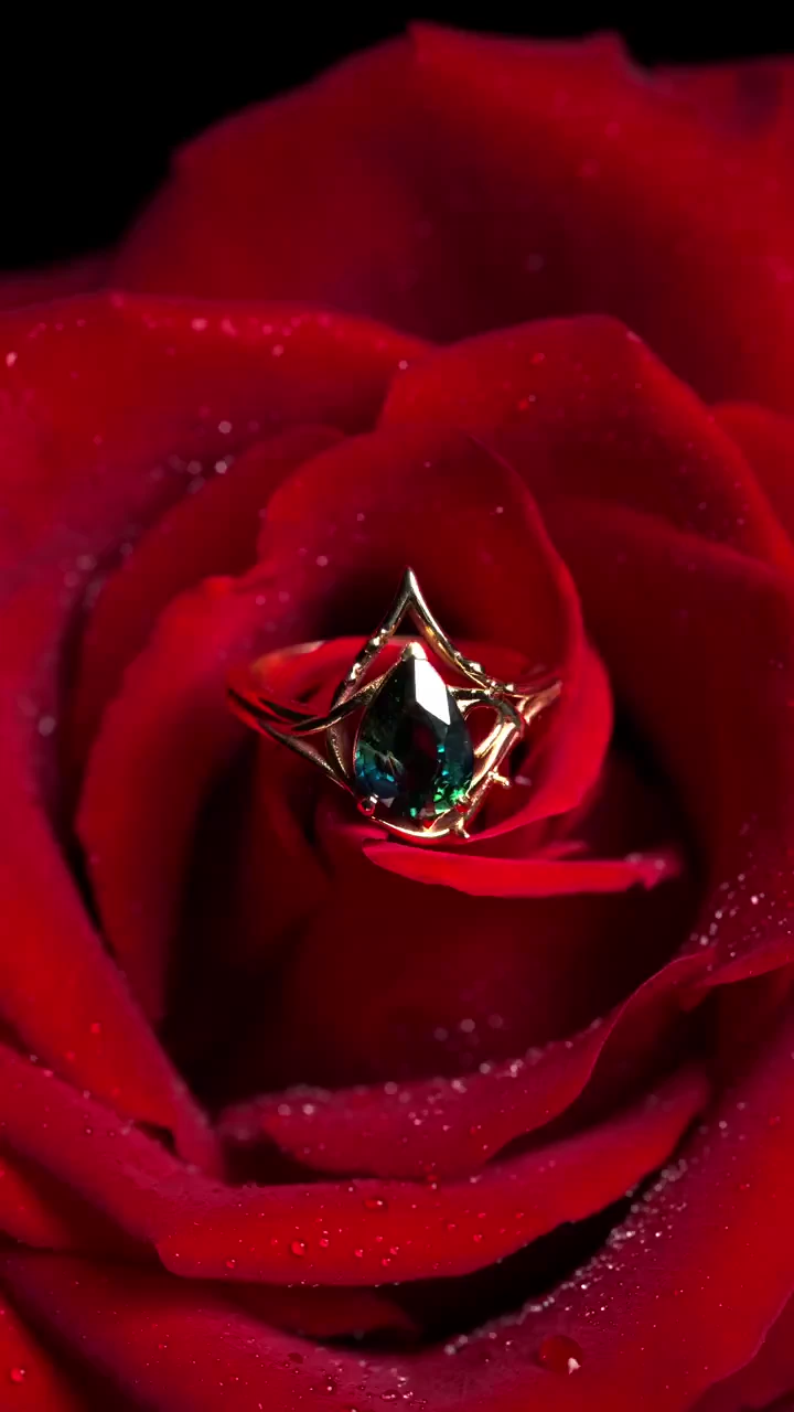 Mystique Dark Rose, the finished ring resting on a red rose